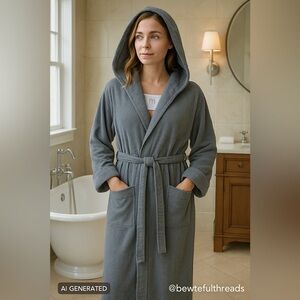 Restoration Hardware L gray long Hooded Cotton Terry Robe with pockets unisex